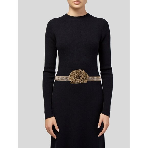 Neiman Marcus Belt Gold Rhinestone, S/M Tan Suede Leather Flower Buckle - Picture 2 of 11